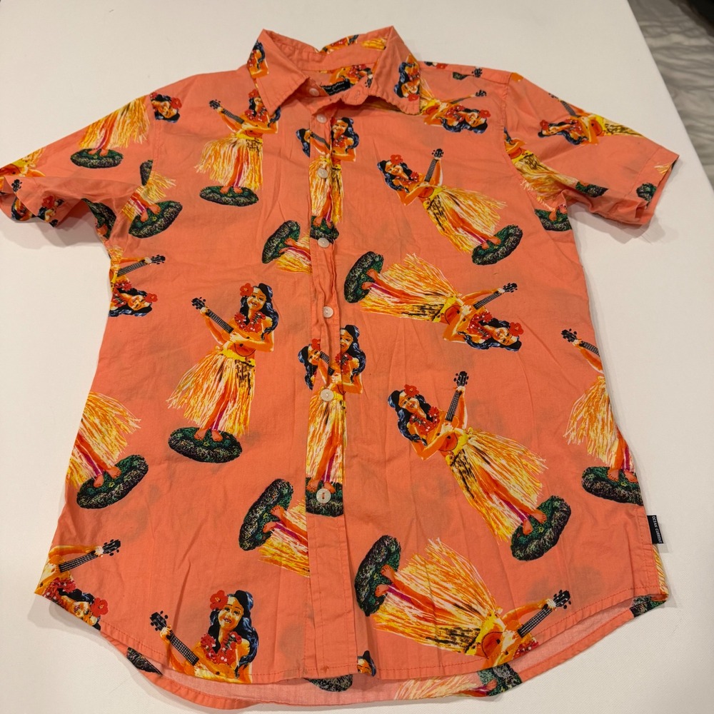 Ocean Current Mens Hula Girl Print Button Down Shirt Coral Pink Cotton Medium